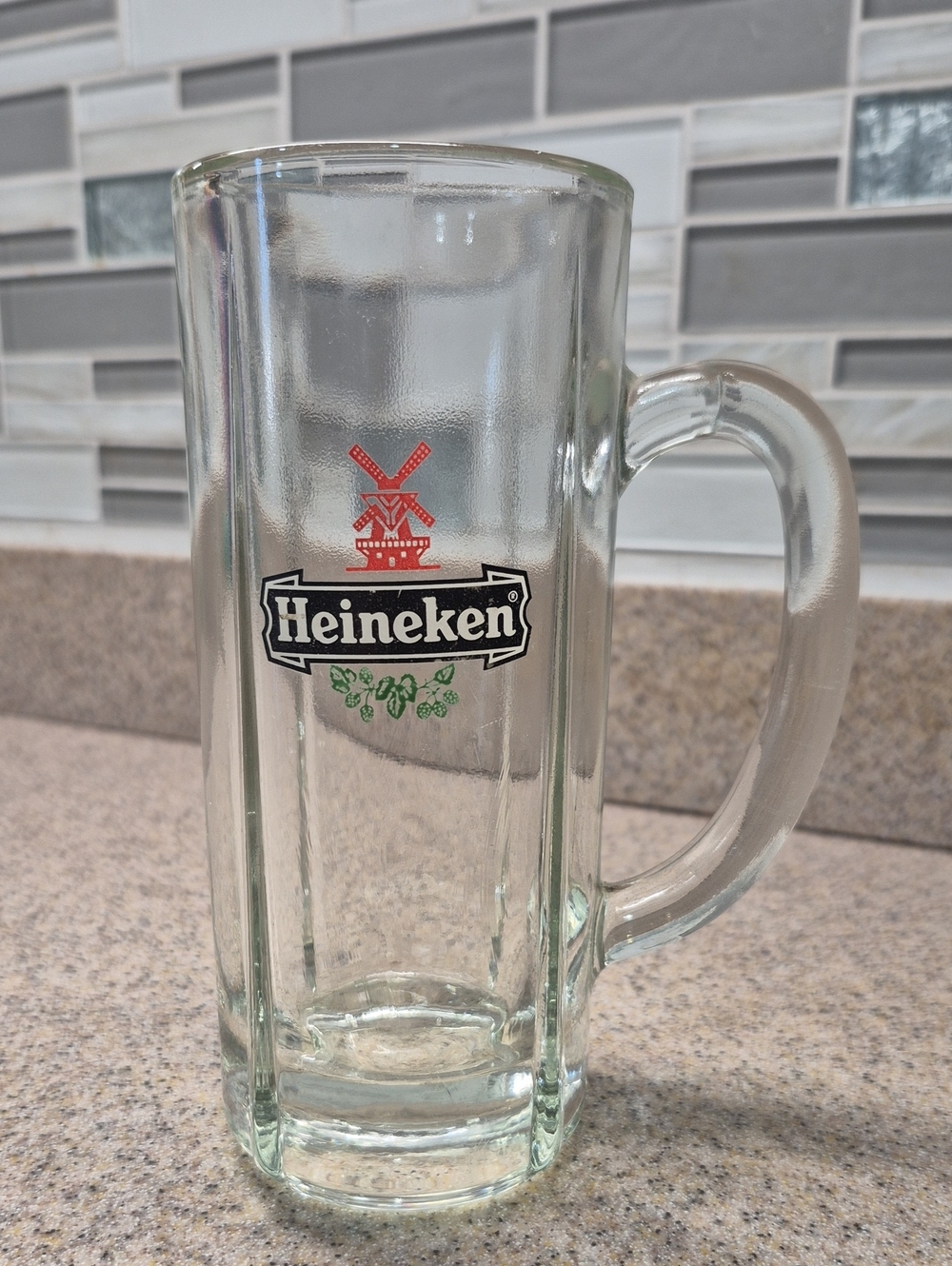 Title: Vintage Heineken Glass Beer Mug Stein with Windmill Logo 6.5” Heavy 12oz